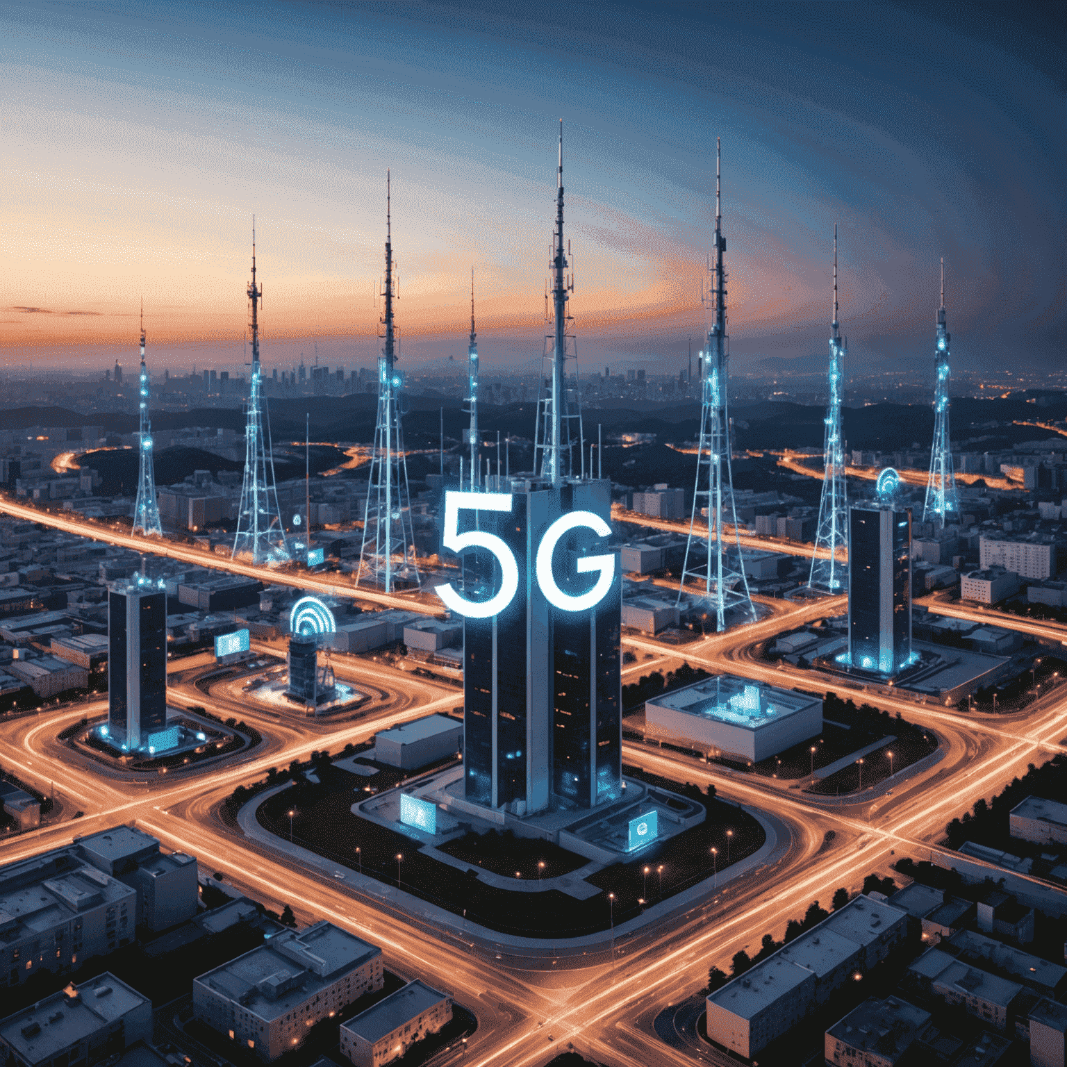 صورة توضيحية لشبكة الجيل الخامس 5G مع أبراج اتصالات وأجهزة محمولة متصلة بسرعات عالية