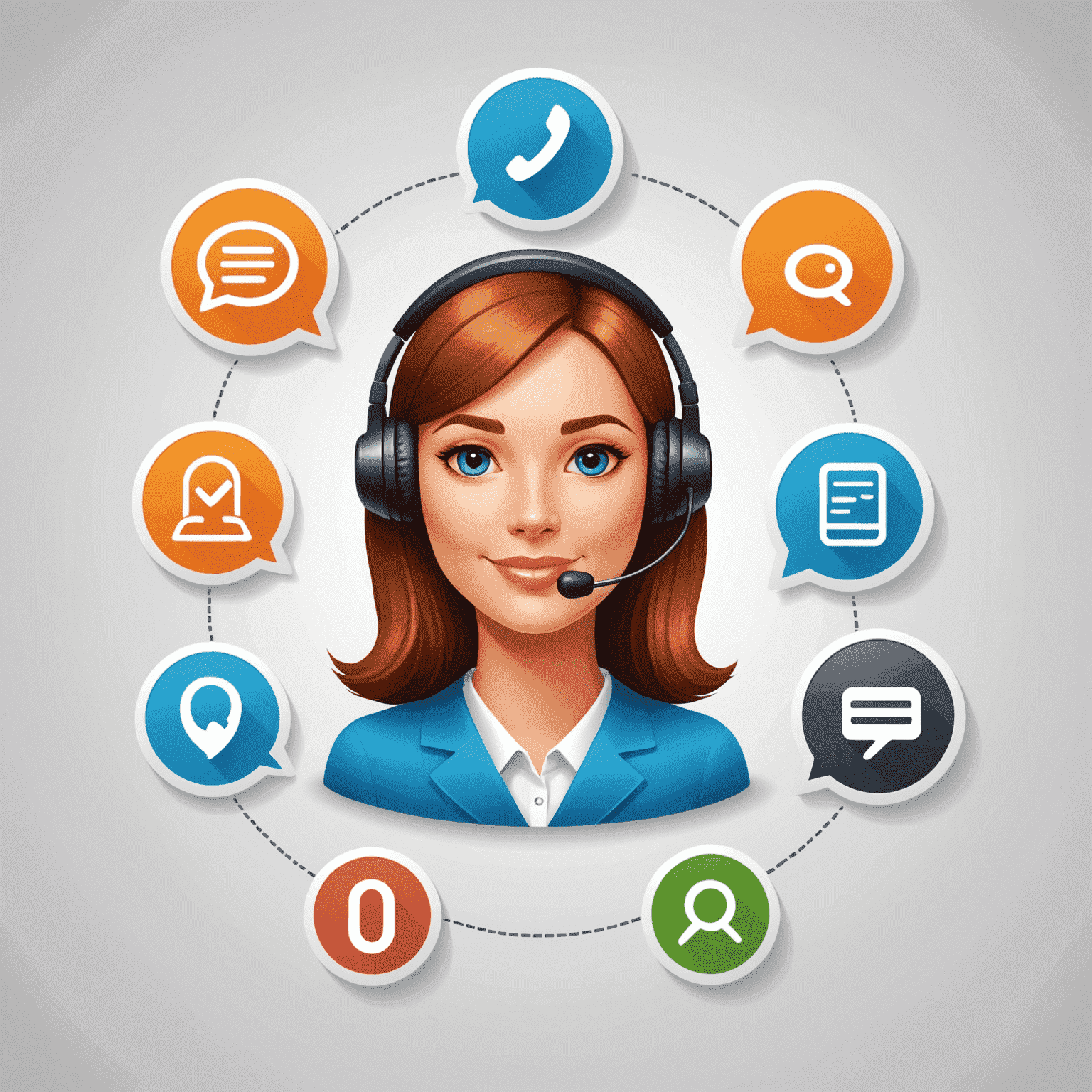 صورة توضيحية لدعم العملاء، تظهر أيقونات للدردشة عبر الإنترنت والدعم الهاتفي والأسئلة الشائعة